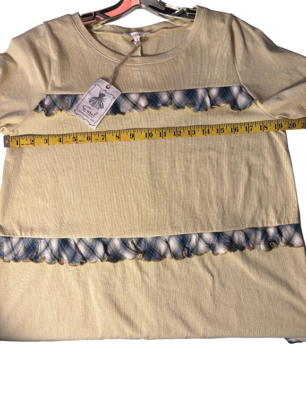 Easel Butter Yellow Short Sleeve Tunic Top With Plaid Ruffle Details Size S - Picture 6 of 9